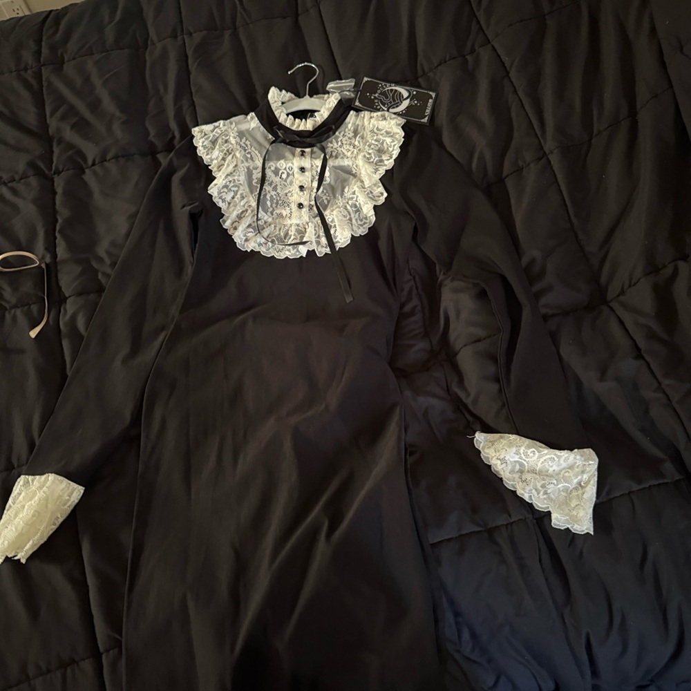 Killstar Rosemary Midi Black Dress with White Lace Accents